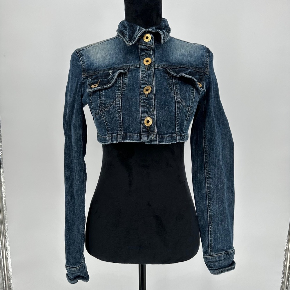 Y2K DKNY Jeans Mini Cropped Jean Jacket Faded Gold‎ Button Up Streetwear Sz XS/S